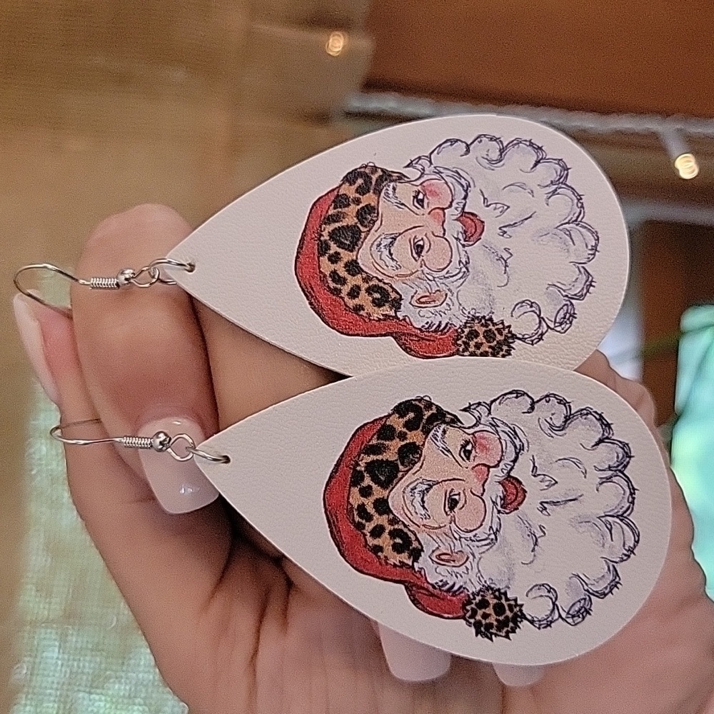 Leopard Print Santa Vegan Leather Drop Earrings